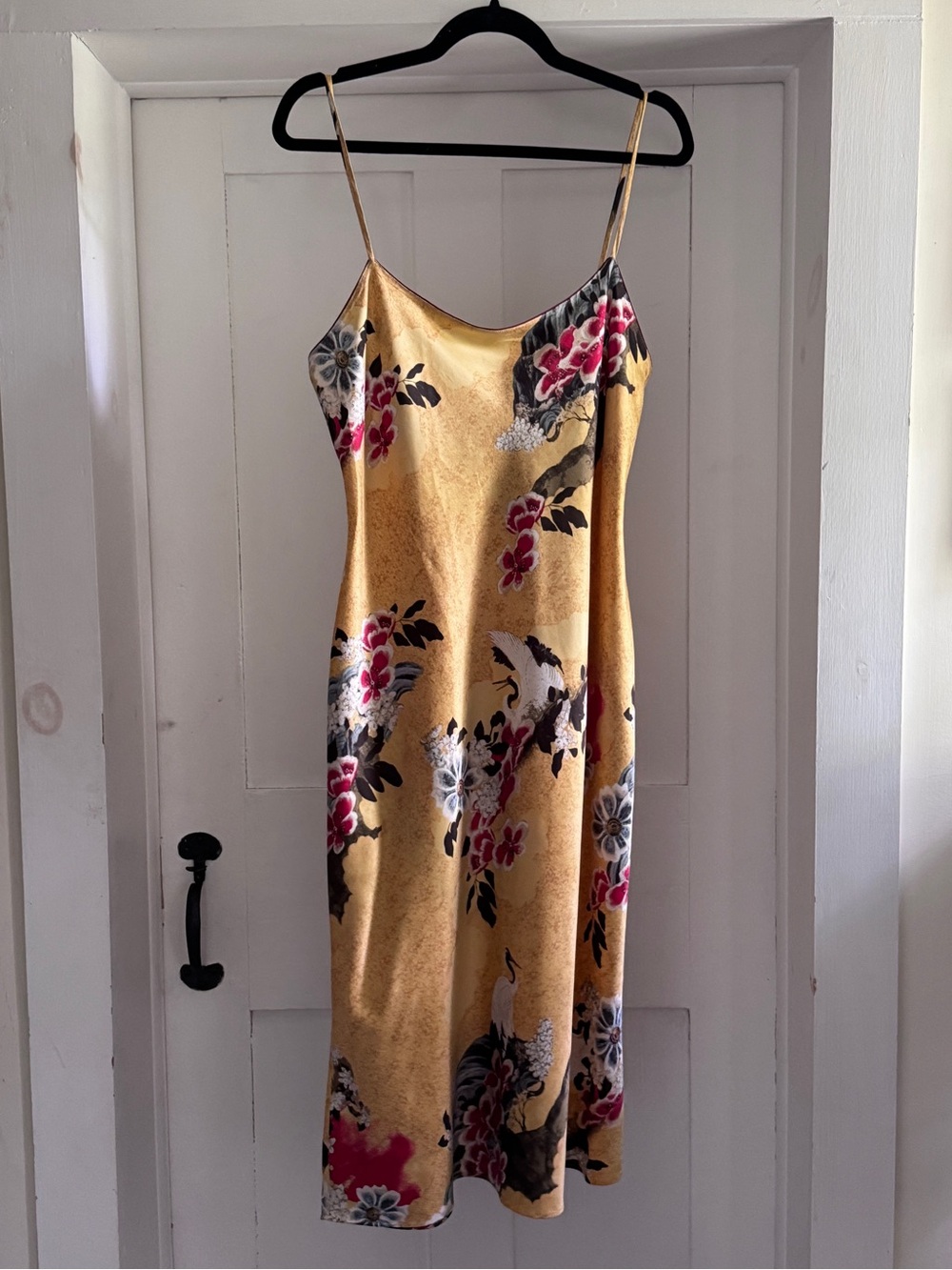 Natori Gold Satin Slip Dress Crane Peony Print Y2K Chinoiserie Size S